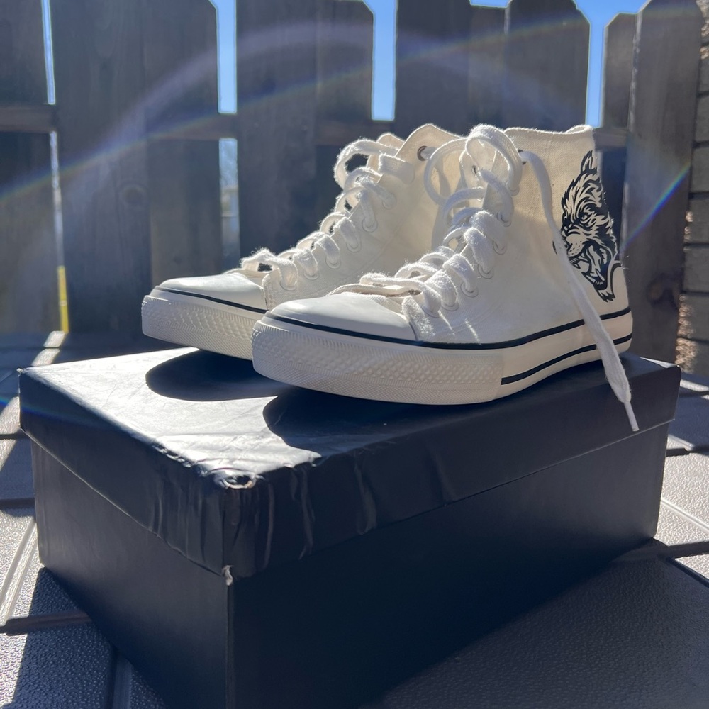 White High-Top Sneakers with Black Graphic